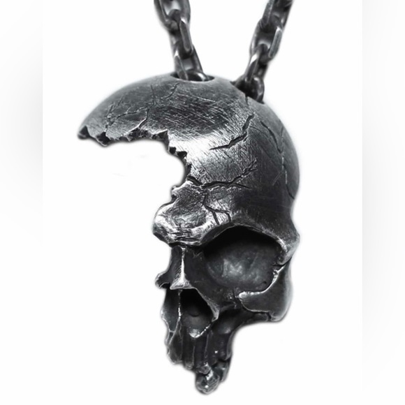 “Shattered Skull” Broken Half Gunmetal Steel Goth Punk Halloween Unisex Necklace - Picture 3 of 16